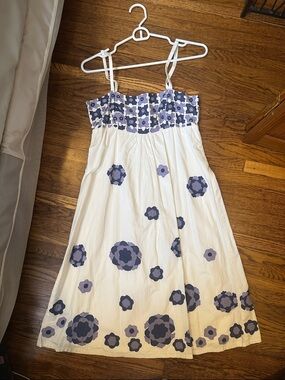 Nougat London White Sun Dress with Navy and Lavender Floral Embroidery NWOT